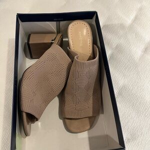 Adrienne Vittadini Tan Mules with Open Toe Design, decorative gold accent heels